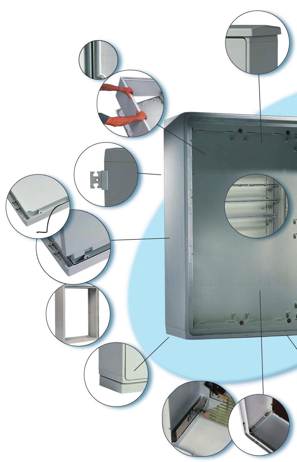 Wall mounting brackets - No mounting screws necessary - Can be mounted vertical or horizontal Backpanel - Enclosed in main structure - Has a seamless top panel as a result - No inserts - PUR sealing