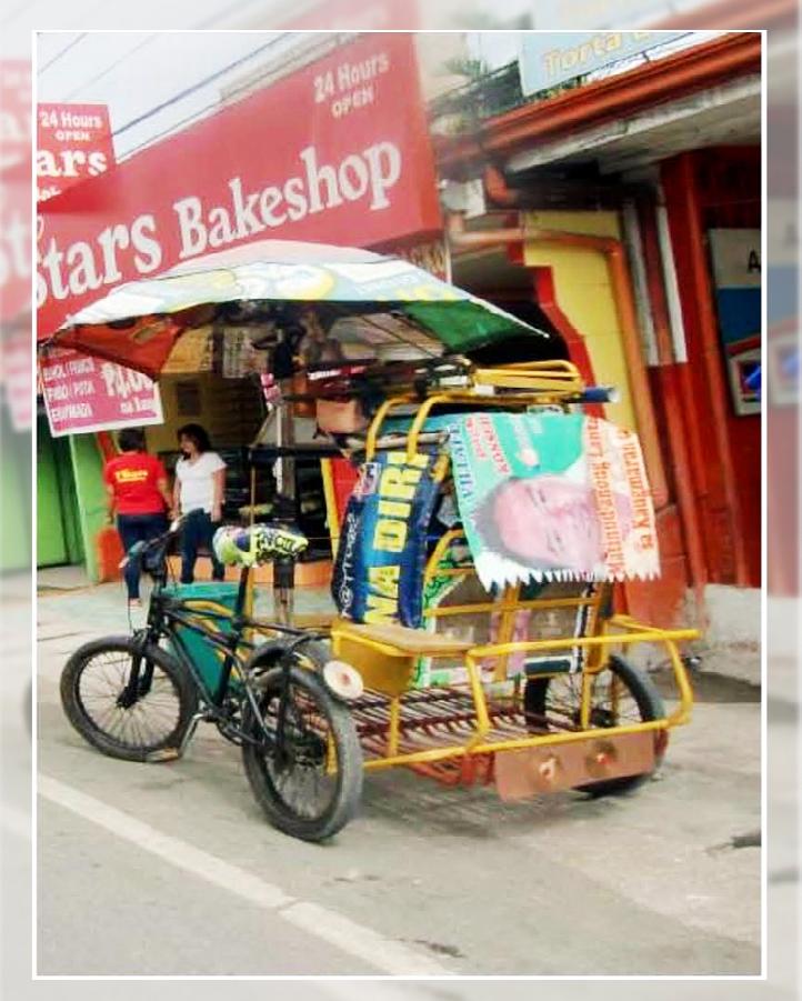 TRISIKAD : also known as bike taxi This public vehicle is the bicycle version of the tricycle but the only difference is it is powered fully by a person and not by a motor.