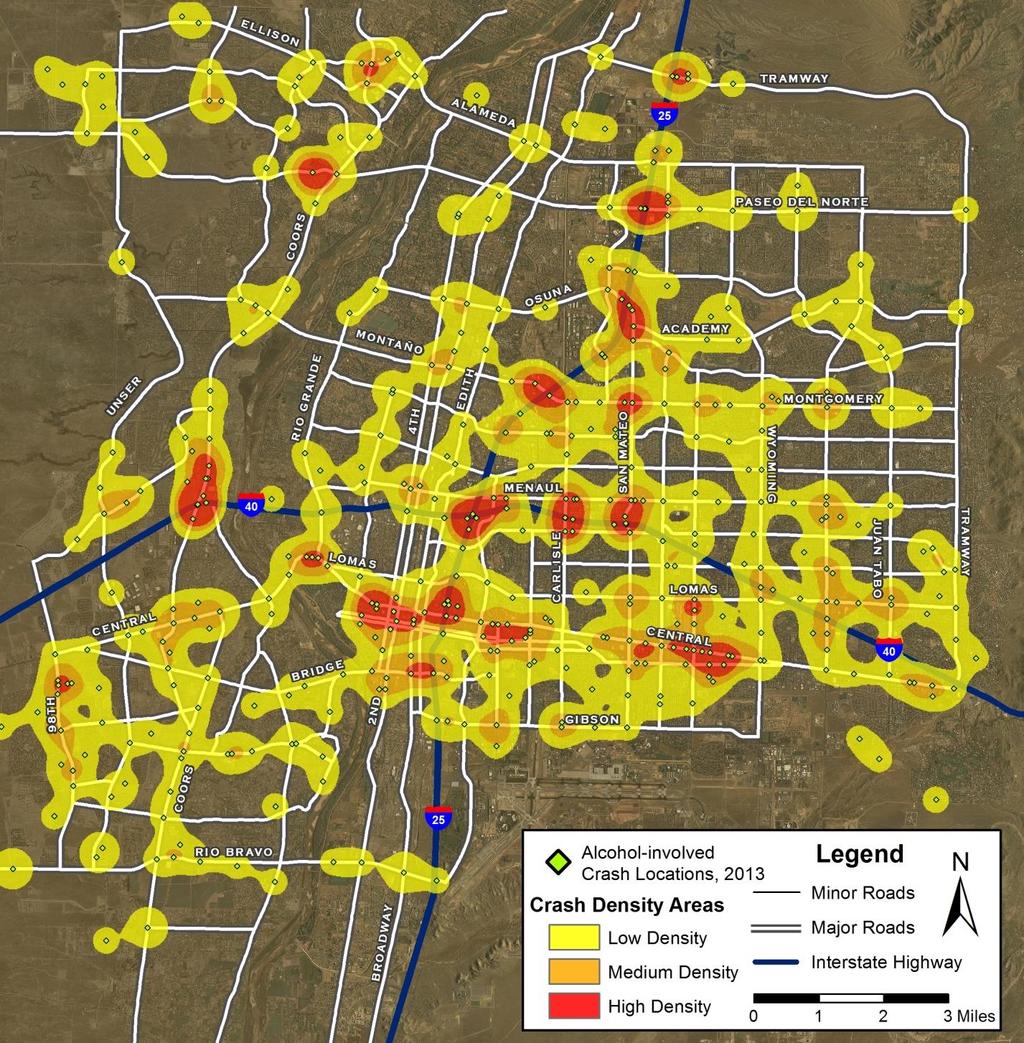 Crash Geography Maps Map 3: Location and Density of Crashes in Albuquerque, 2013 2 All maps are available in high-resolution color at http://tru.unm.edu.
