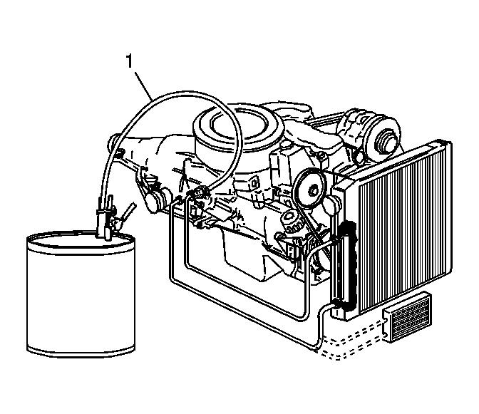 1. Disconnect the hose from the oil cooler pipe. Connect the oil cooler feed pipe, bottom connector, to the transmission for normal flow. 2. Clip the discharge hose (1) to an empty oil container. 3.