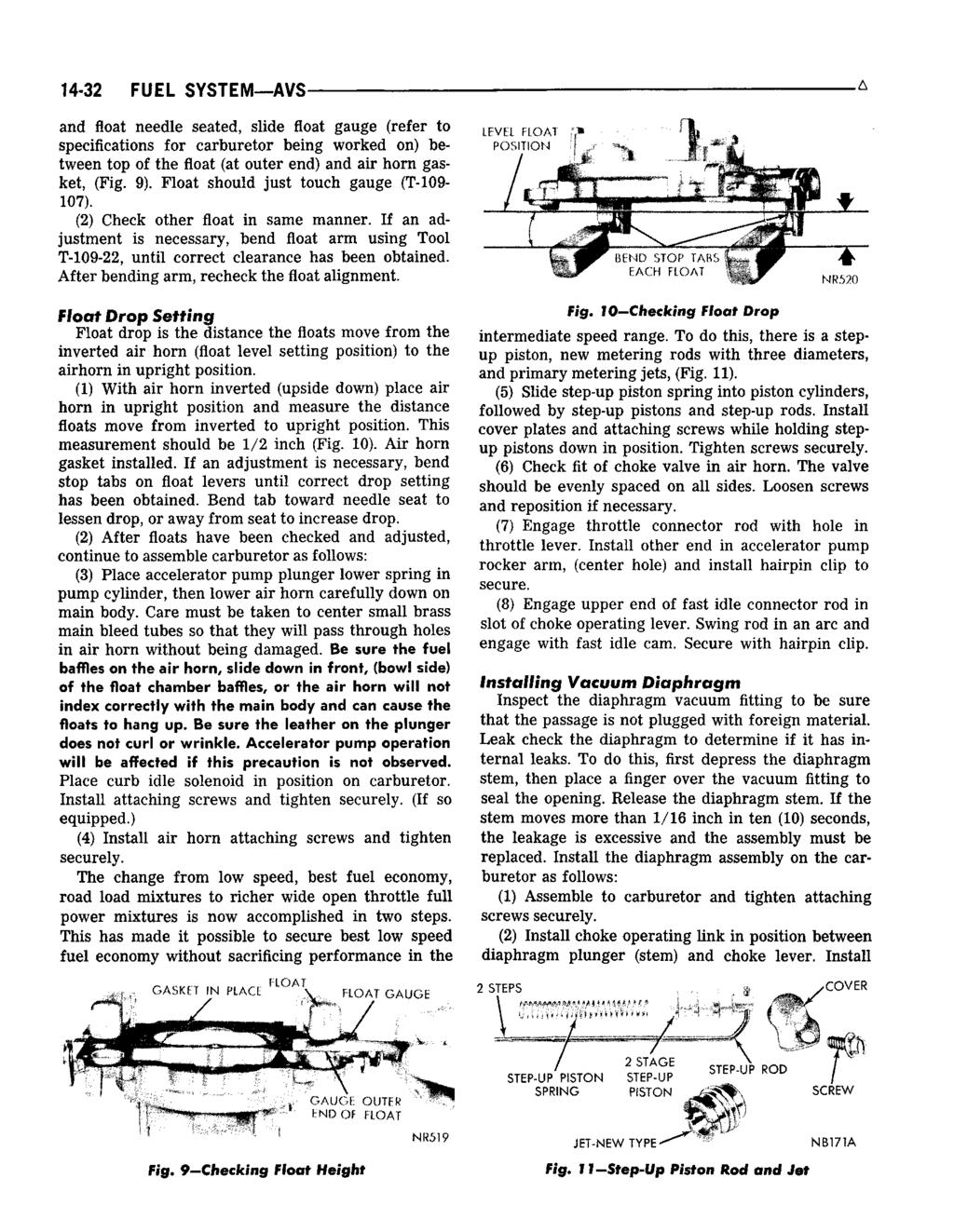 14-32 FUEL SYSTEM AVS and float needle seated, slide float gauge (refer to specifications for carburetor being worked on) between top of the float (at outer end) and air horn gasket, (Fig. 9).