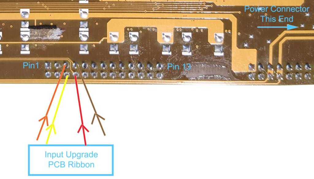 of the Main PCB Ribbon Socket. Main PCB placed as shown, connector on the bottom. Yellow = Bottom row, Pin 3. Red = Bottom row, Pin 4. Orange = Top row, Pin 3. Brown = Top row, Pin 4.