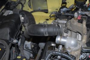 Disconnect the upper radiator hose from the thermostat housing and the radiator.