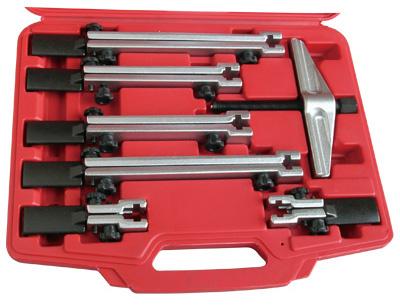 OT-264B UNIVERSAL PULLER SET With pulling legs for narrow spaces in different lengths. Particularly well suited to be hung up on workshop walls.