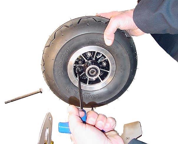 5) To disassemble the wheel for servicing the tire and/or tube, you must first remove the brake disc. Removal requires a 4mm hex wrench.