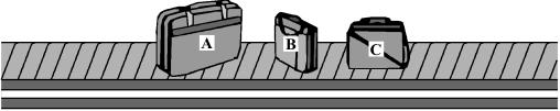 Q2. The picture shows luggage which has been loaded onto a conveyor belt. Each piece of luggage has a different mass.