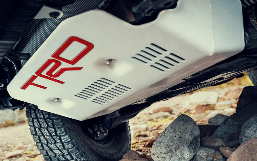 TRD RED STAMPED FRONT SKID PLATE Beef up the aggressive stance of your Tacoma while protecting its underbody from off-road hazards with the TRD skid plate.