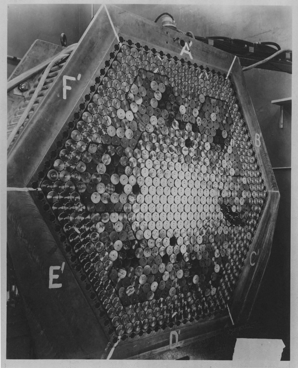 Figure 3. A close up of the face of one of the halves of the pile showing the stack of fuel rods. program was headed by Henry Hurwitz. He was a genius, a fantastic mind!