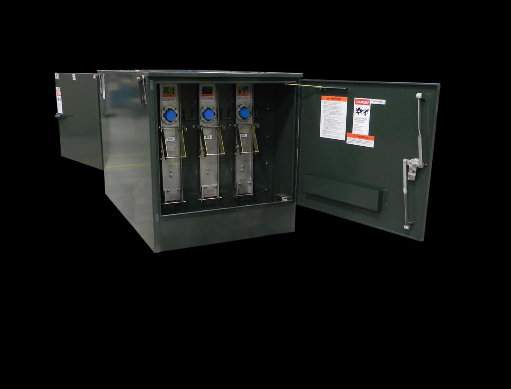 PADMOUNTED SWITCHGEAR CONSTRUCTION FEATURES 5 1 7 10 4 11 2 8 3 1. Lifting provisions with removable lifting plates and blind-tapped bolt holes. 2. Stainless steel hinges, loose joint pin, allows doors to be removed in the open position.