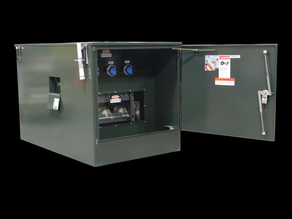 PADMOUNTED SWITCHGEAR CONSTRUCTION FEATURES 10 5 4 11 2 1 8 12 3 1. Lifting provisions with removable lifting plates and blind-tapped bolt holes. 2. Stainless steel hinges, loose joint pin, allows doors to be removed in the open position.