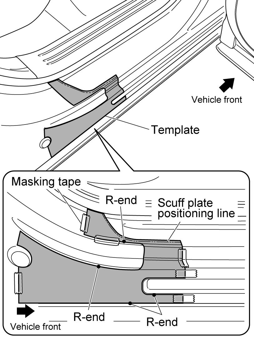 6. REAR SCUFF PLATE INSTALLATION Follow the same procedure when installing to the opposite side of the vehicle. Do not remove the protective film until all work has been completed.