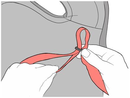 Continue holding the sides of the adjuster pulling the bottom web B (same side of red belt clip). The length from the base to shoulder belt clip should be longer (Fig. 11). 3.