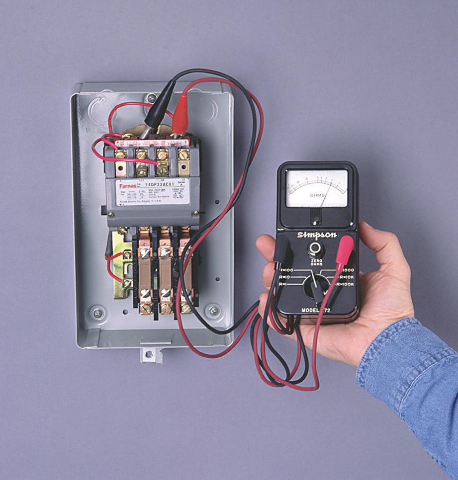 COIL CHECKOUT! WARNING! Open master breaker and disconnect all leads from starter to avoid damage to meter or electric shock hazard. Connect the ohmmeter leads as shown above. Coil with Ohmmeter 1.