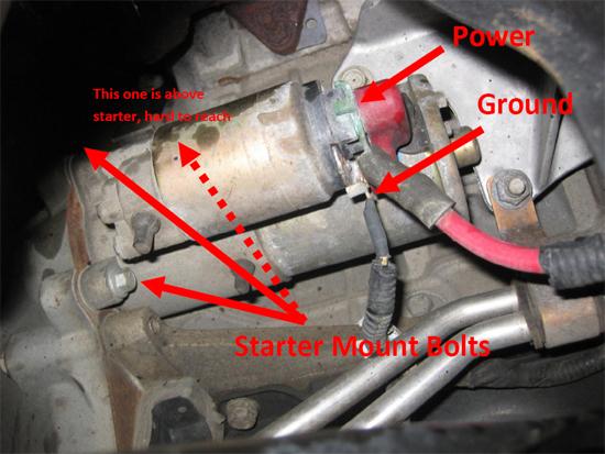 4) Pop the red cap off the starter power wire and remove the nut using a 13mm socket or wrench. Remove the ignition relay wire using a 10mm socket or wrench.
