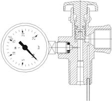 There is a CGA 510 POL connection and a G1/4 plugged connection for a pressure gauge. Suitable for design pressure up to 25 bar and temperatures from 20 C to 65 C.
