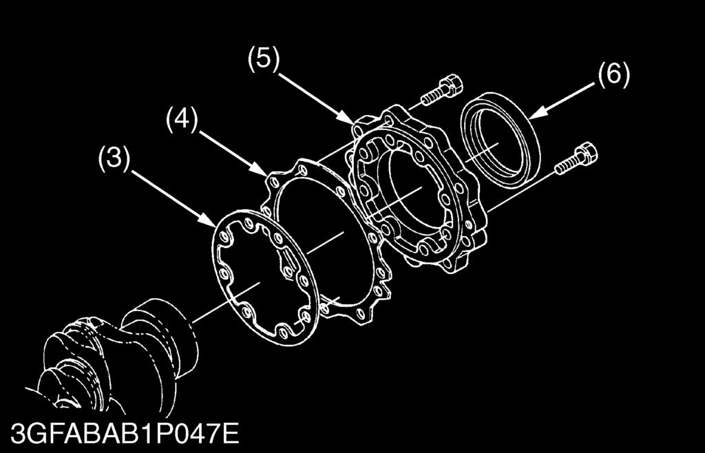 First, remove inside screws (1) and then outside screws (2). 2. Remove the bearing case cover (5).