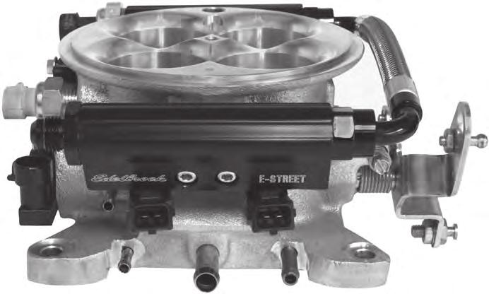 COMPONENT LAYOUT The Edelbrock E-Street EFI system delivers fuel and air to the engine via an induction system consisting primarily of a 4-barrel throttle body, dual fuel rails, and four fuel