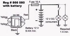 There should be an in line fuse of 16 amps rating in the system A Voltage regulator must be used to avoid the voltage rising above permissible levels.