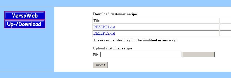 4 84 Upravljanje Nalaganje in prenos uporabniških receptov Recepti RECEPT 1 2005-09-05 TEKST 1 RECEPT 2 2005-09-07 TEKST 2 Datoteka: Opis: RECEPT 3 Procesne parametre je mogoče v receptih shraniti na