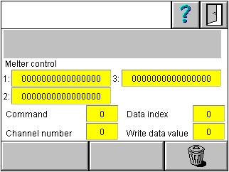 control 1 v binarnem prikazu Melter control 2 v binarnem prikazu Melter control 3 v binarnem prikazu Command v decimalnem prikazu Data index v decimalnem prikazu Channel number v decimalnem prikazu