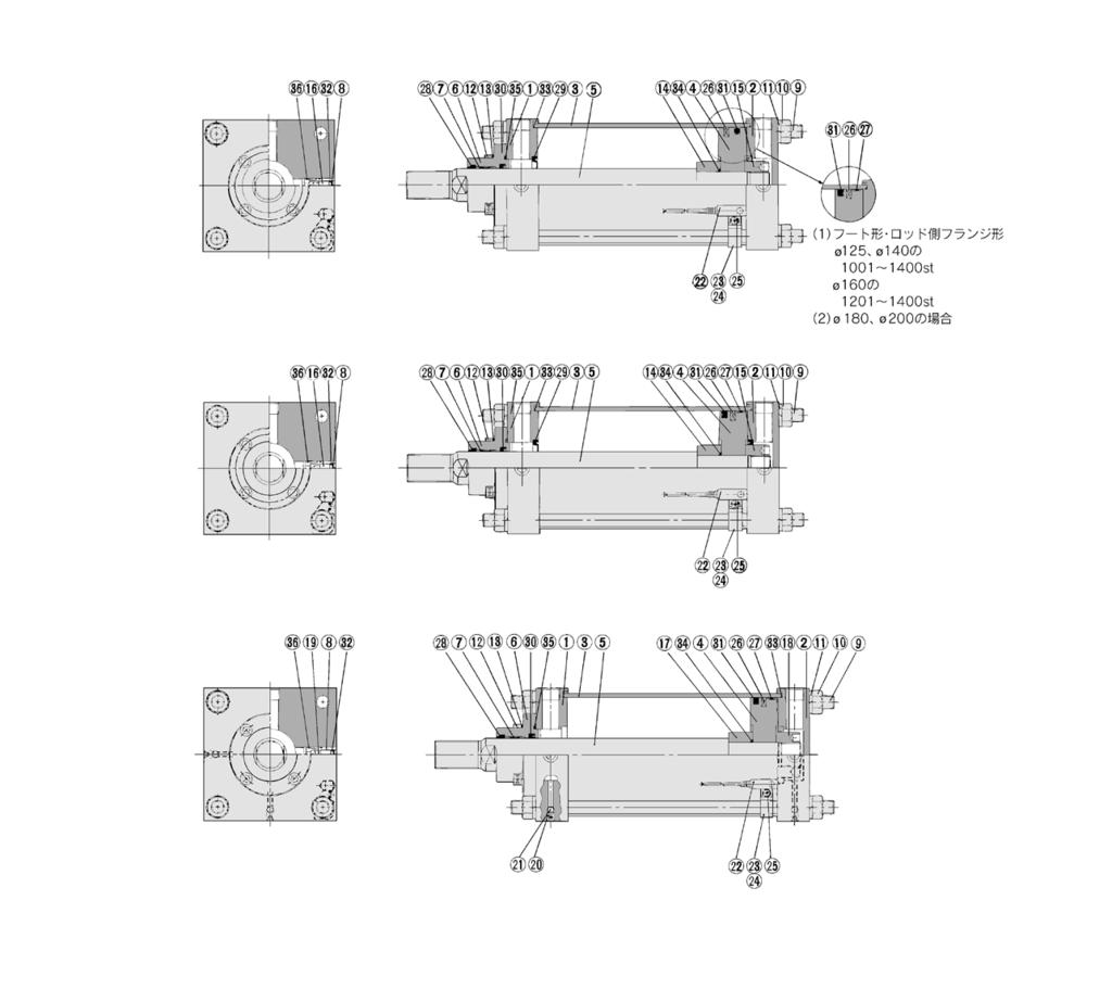 DS Series onstruction () Foot type: Rod side flange type, : In the case of to st : In the case of to st () In the case of, :,, only omponent Parts No.