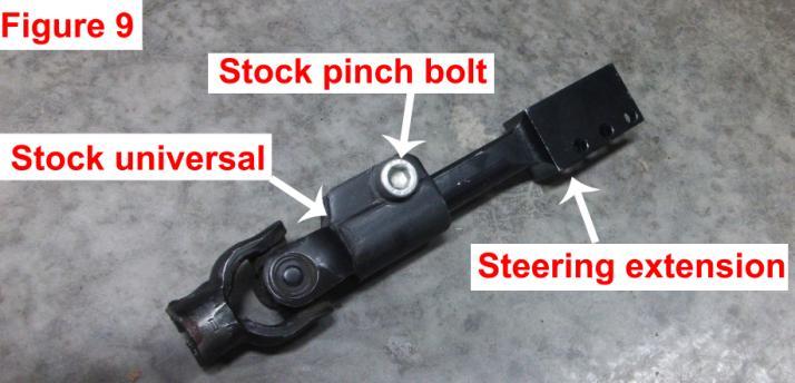 16. Install the supplied steering extension (ITEM C)to the stock steering universal using the stock pinch bolt as shown in FIGURE 9.