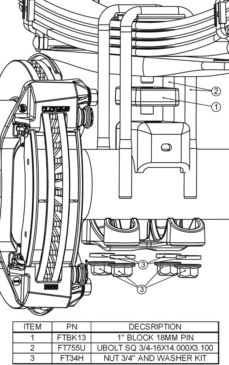 27. OPTIONAL. Locate and install the rear lift blocks to the axle. Using the provided U bolts, nuts and washers, align axle, lift blocks, and springs and torque U Bolts to 317 ftlbs.