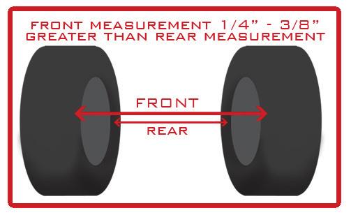 Adjust until the front measurement is 1/4 to 3/8 greater than the rear measurement.