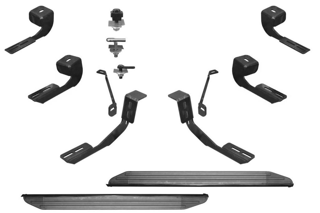 PARTS LIST: 1 Driver/Left side Running Board 2 10mm x 50mm T Bolts 1 Passenger/Right side Running Board 6 10mm Bent Threaded Rod Bolts 1 Driver/Left front Mounting Bracket 8 10mm Plastic Retainers 1
