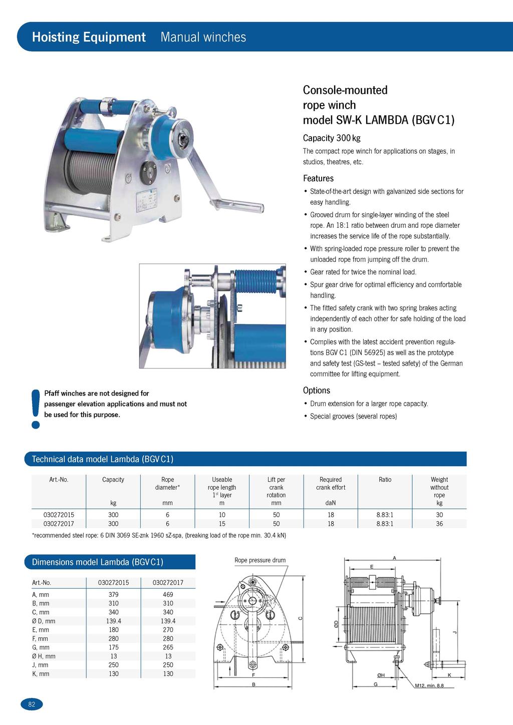 Hoisting Equipent Manual winches Console-ounted winch odel SW-K LAMBDA (BGVC1) 300 The copact winch for applications on stages, in studios, theatres, etc.