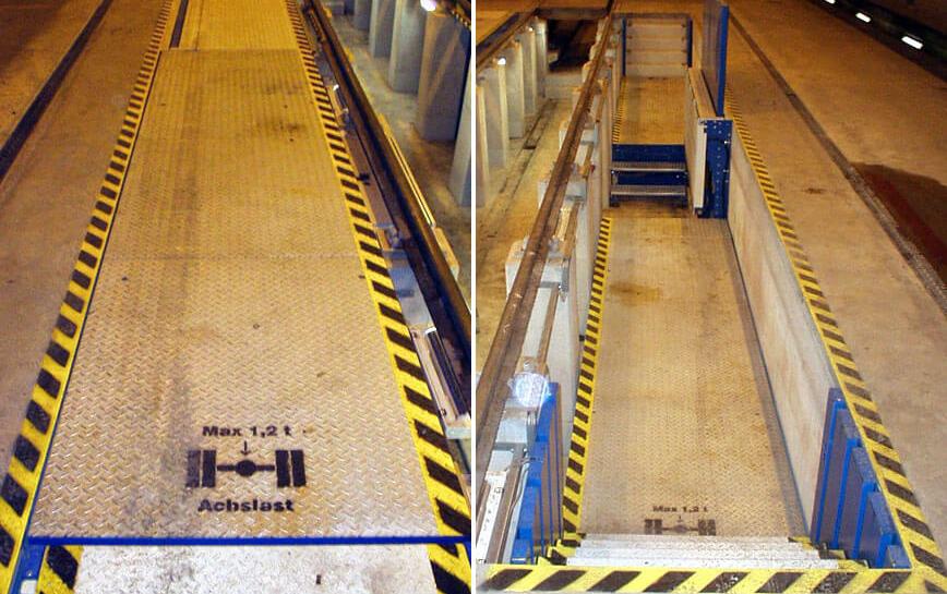 Electro-hydraulic pit covers for lateral working pits Electro-hydraulic pit covers allow repairing and maintaining the body of vehicles, trams, etc. while standing on rails.