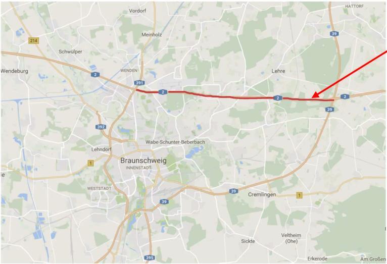 Location The seven so called Day One Services are trialled in the German testbeds in Lower Saxony (motorway A2 near Brunswick, see Figure 2) and Hessen (DRIVE-test field Hessen for connected