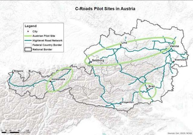 Location The Austrian C-Roads pilot site covers several different areas of heavily frequented motorway networks: The motorways around Vienna, already in operation for the Living Lab, will be updated