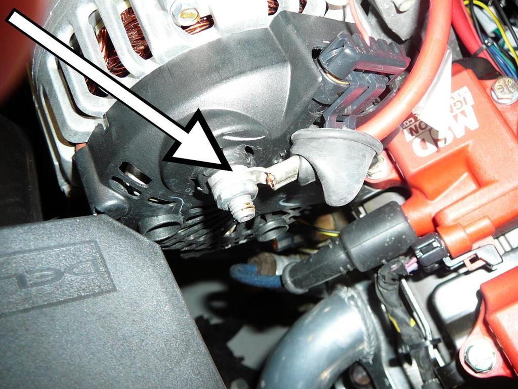 10. Route the red 6 gauge wire (labeled ALTERNATOR) to the charge lug on the alternator.