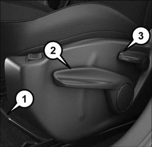 GETTING TO KNOW YOUR VEHICLE Manual Front Seats Manual Seat Adjustment Levers 1 Forward/Rearward Adjustment Bar 2 Seat Height Adjustment Lever 3 Recline Lever WARNING!