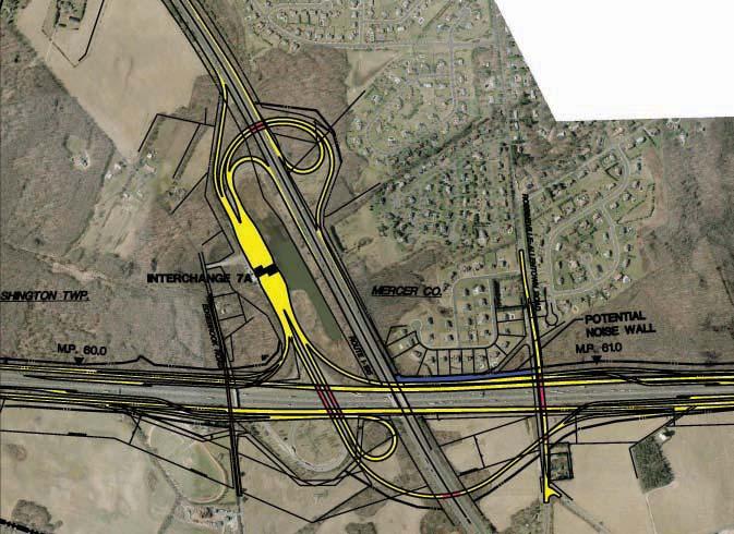 The existing Turnpike toll plaza is situated in the southwest quadrant of the intersecting roadways, and has ten toll lanes; some of which serve as reversible lanes.