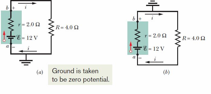 27.6: Grounding a Circuit: This is the same example as in the previous slide, except that battery terminal a is grounded in Fig. 27-7a.