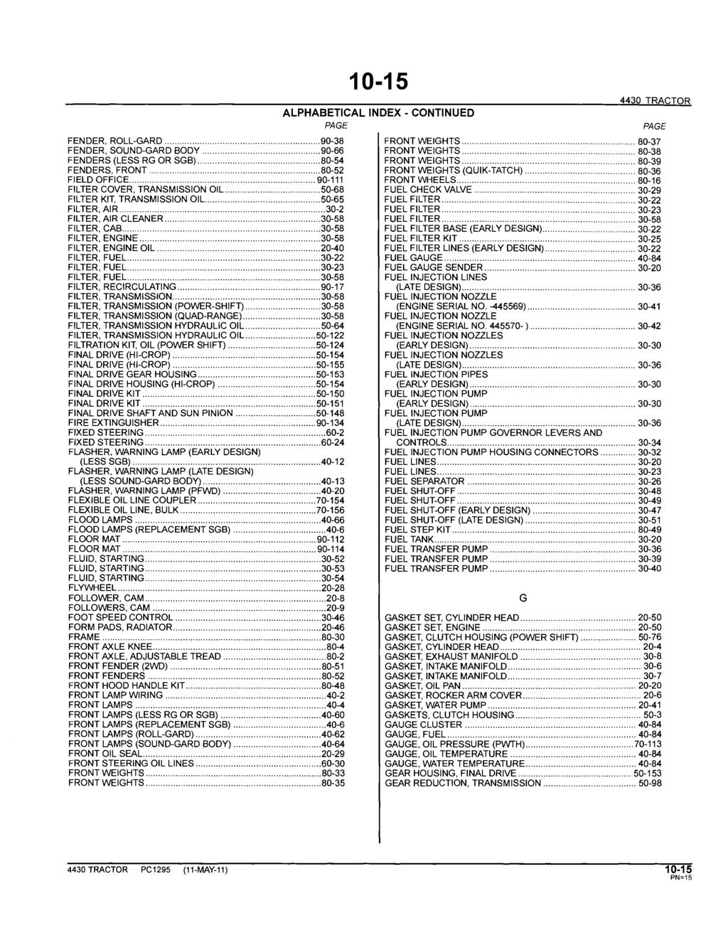 10-15 ALPHABETICAL INDEX - CONTINUED PAGE 4430 TRACTOR FENDER, ROLL-GARD... 90-38 FRONT WEIGHTS... 80-37 FENDER, SOUND-GARD BODY... 90-66 FRONT WEIGHTS... 80-38 FENDERS (LESS RG OR SGB).