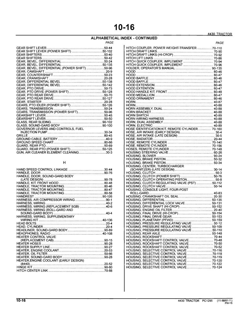 10-16 ALPHABETICAL INDEX - CONTINUED PAGE 4430 TRACTOR GEAR SHIFT LEVER... 50-44 HITCH COUPLER, POWER WEIGHT-TRANSFER... 70-110 GEAR SHIFT LEVER (POWER SHIFT)... 50-102 HITCH DRAFT LINKS.