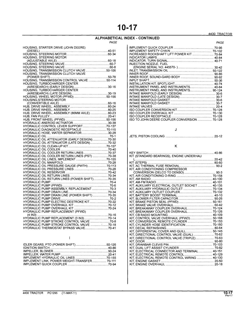 10-17 ALPHABETICAL INDEX - CONTINUED PAGE 4430 TRACTOR HOUSING, STARTER DRIVE (JOHN DEERE) IMPLEMENT QUICK COUPLER... 70-96 (DIESEL)...40-51 IMPLEMENT SAFETY CHAIN... 70-102 HOUSING, STEERING MOTOR.