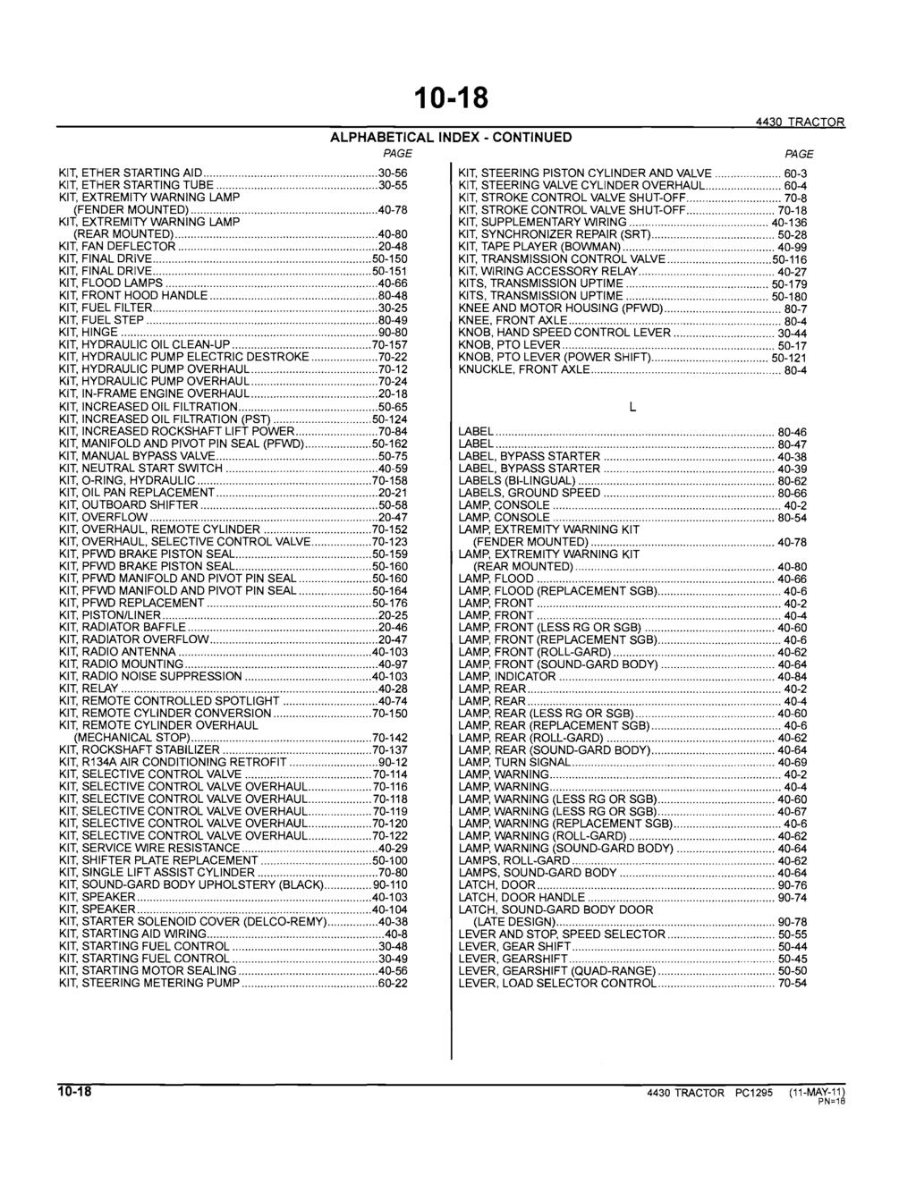 10-18 ALPHABETICAL INDEX - CONTINUED PAGE 4430 TRACTOR KIT, ETHER STARTING AID... 30-56 KIT, STEERING PISTON CYLINDER AND VALVE... 60-3 KIT, ETHER STARTING TUBE.