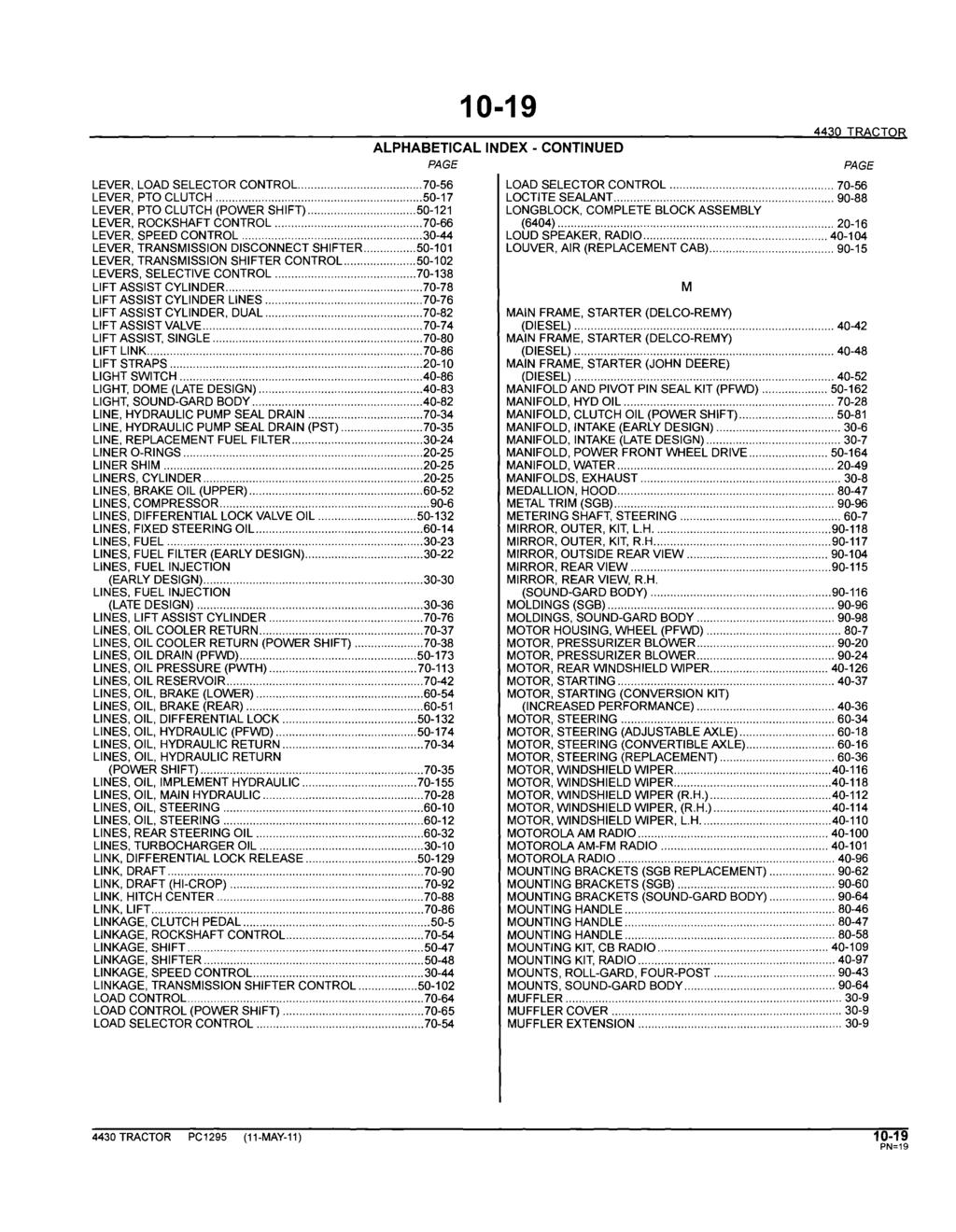 10-19 ALPHABETICAL INDEX - CONTINUED PAGE 4430 TRACTOR LEVER, LOAD SELECTOR CONTROL.... 70-56 LOAD SELECTOR CONTROL... 70-56 LEVER, PTO CLUTCH... 50-17 LOCTITE SEALANT.