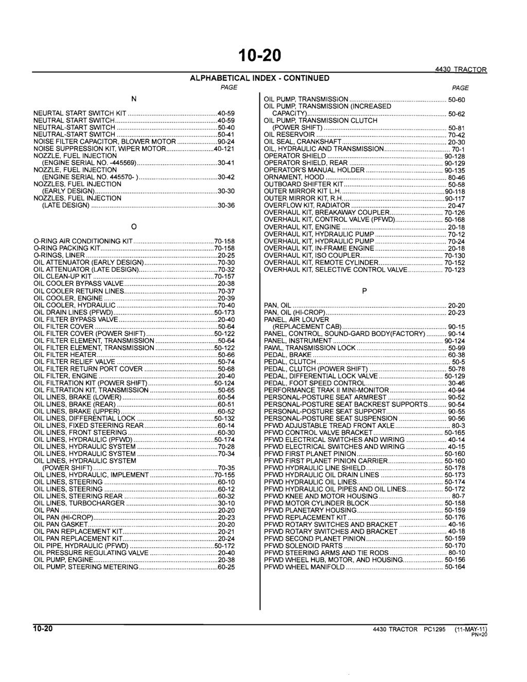 10-20 ALPHABETICAL INDEX - CONTINUED PAGE 4430 TRACTOR N OIL PUMP, TRANSMISSION... 50-60 OIL PUMP, TRANSMISSION (INCREASED NEURTAL START SWITCH KIT...40-59 CAPACiTY)... 50-62 NEUTRAL START SWITCH.