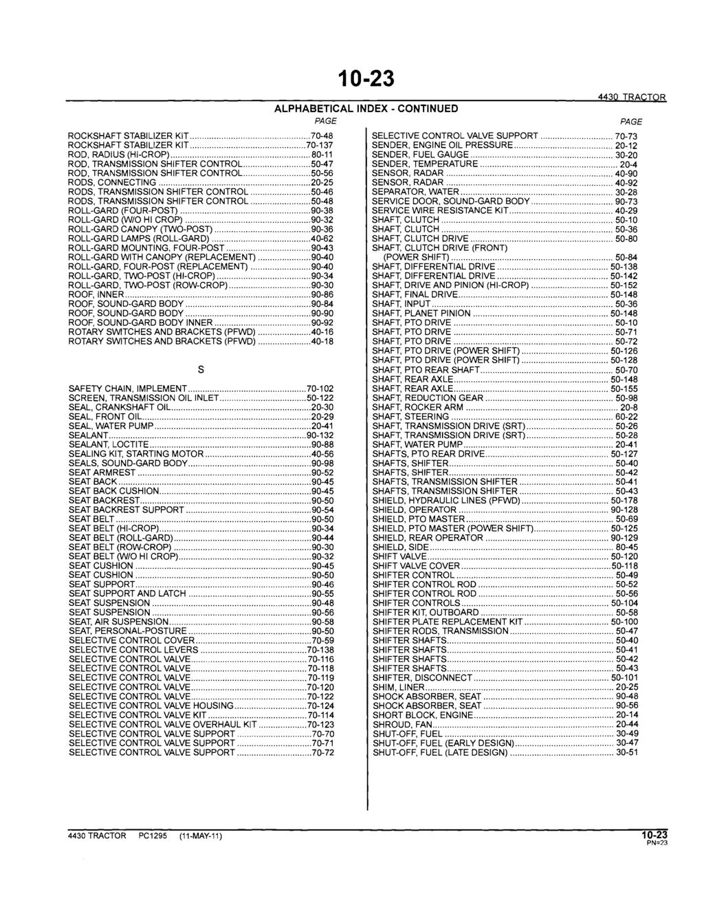 10-23 ALPHABETICAL INDEX - CONTINUED PAGE 4430 TRACTOR ROCKSHAFT STABILIZER KIT... 70-48 SELECTIVE CONTROL VALVE SUPPORT... 70-73 ROCKSHAFT STABILIZER KIT... 70-137 SENDER, ENGINE OIL PRESSURE.