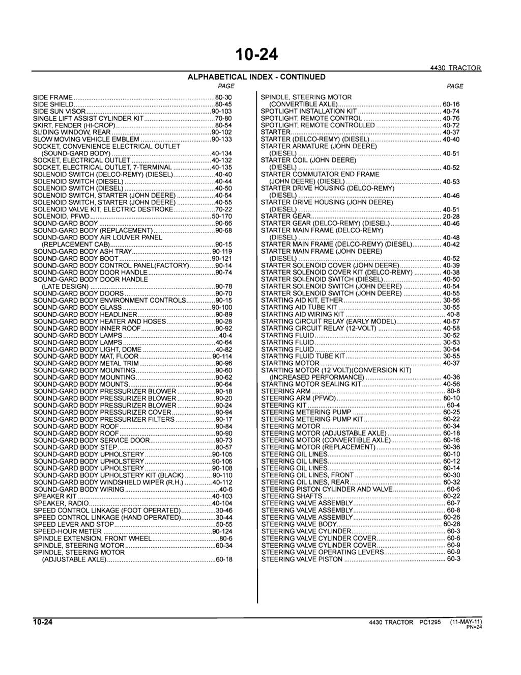 10-24 ALPHABETICAL INDEX - CONTINUED PAGE 4430 TRACTOR SIDE FRAME... 80-30 SPINDLE, STEERING MOTOR SIDE SHIELD... 80-45 (CONVERTIBLE AXLE)... 60-16 SIDE SUN ViSOR... 90-103 SPOTLIGHT INSTALLATION KIT.
