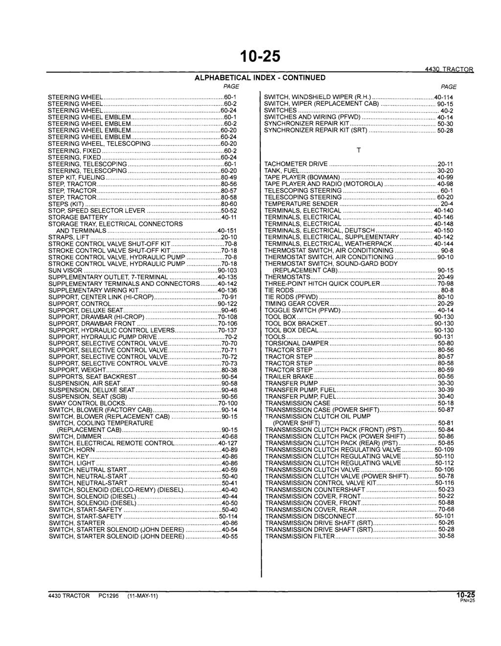 10-25 ALPHABETICAL INDEX - CONTINUED PAGE 4430 TRACTOR STEERING WHEEL... 60-1 SWITCH, WINDSHIELD WIPER (R.H.)...40-114 STEERING WHEEL... 60-2 SWITCH, WIPER (REPLACEMENT CAB)... 90-15 STEERING WHEEL.