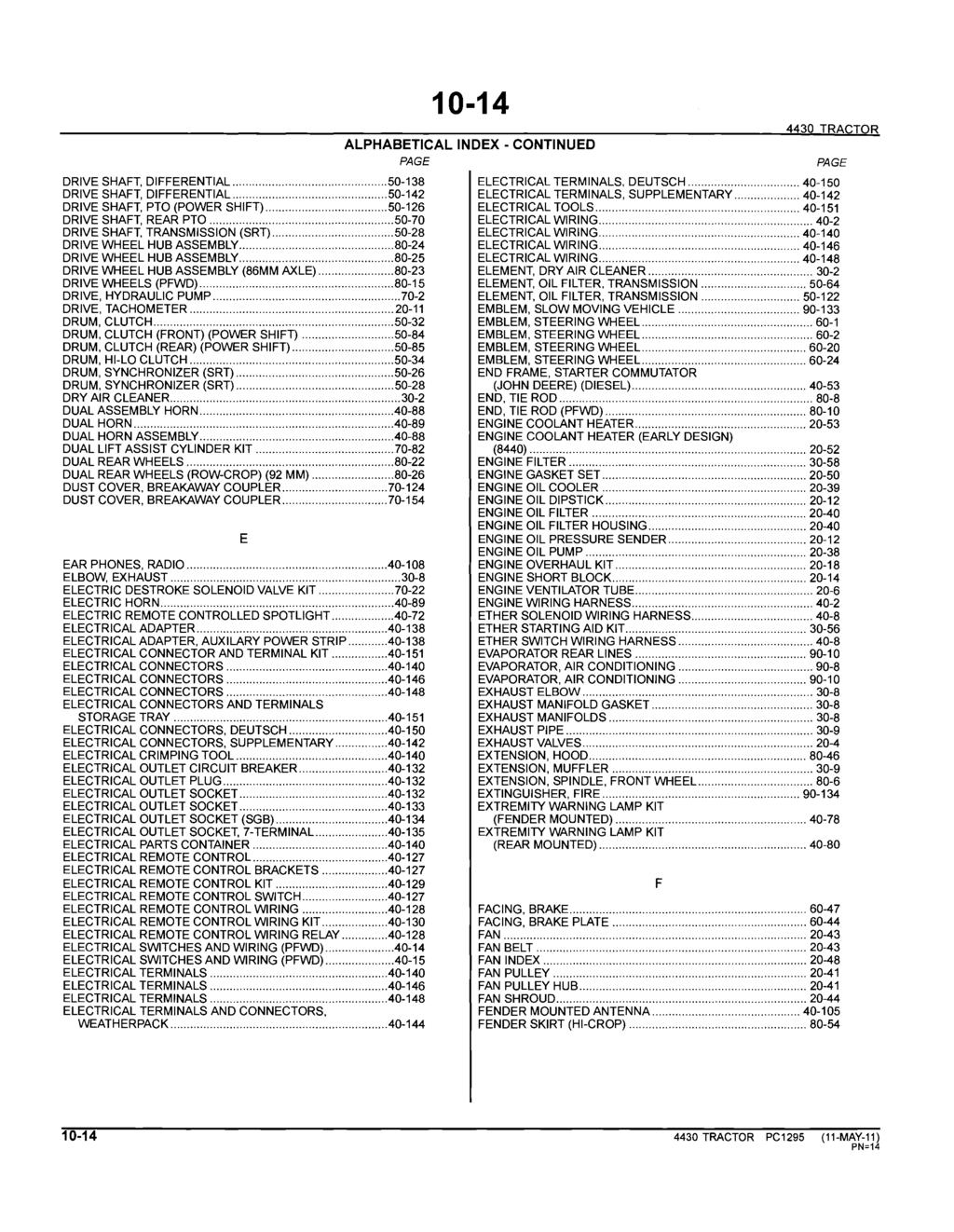 10-14 ALPHABETICAL INDEX - CONTINUED PAGE 4430 TRACTOR DRIVE SHAFT, DIFFERENTIAL... 50-138 ELECTRICAL TERMINALS, DEUTSCH... 40-150 DRIVE SHAFT, DIFFERENTIAL.