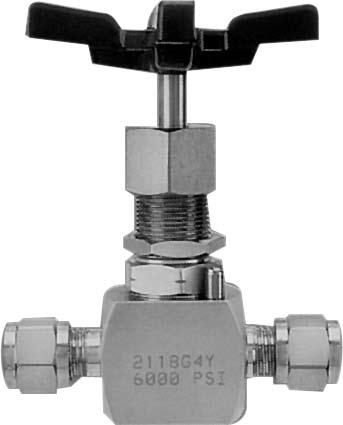 2100 Series Dimensions 2100 Series: Globe Pattern F Inlet A Outlet B D E Hard Seat Soft Seat Metal Handle H H1 ¼ Gyrolok ¼ Gyrolok inch 3¼ 211/16 17/8 ½ 25/32 mm 83 68 48 13 20 ¼ female NPT ¼ female