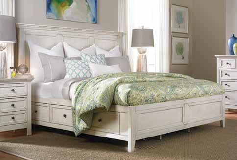 showcases a plank headboard and two spacious footboard drawers.