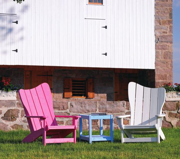 Left to right: Right Windsail Adirondack Chair in White, Accent Table in Sky Blue, Left Windsail Adirondack Chair in Pink